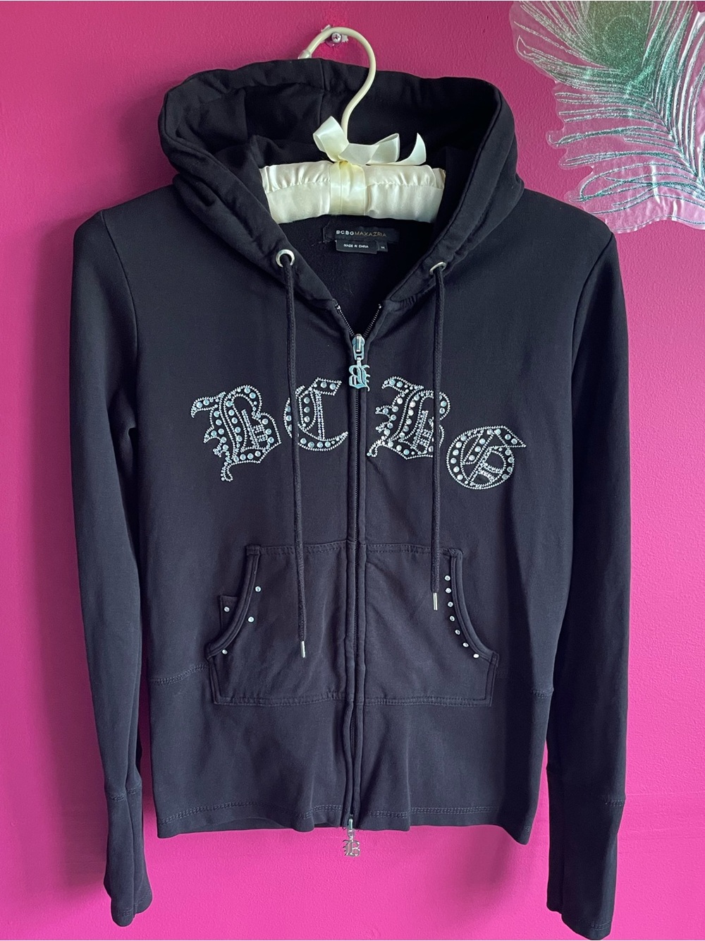 BCBGMaxAzria Black Rhinestone Logo Zip Hoodie